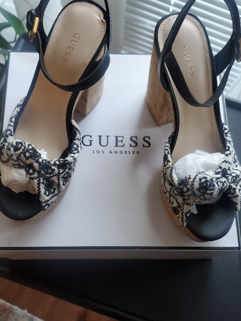 GUESS Black and Ivory Patterned Cork Platform Wedge Sandals